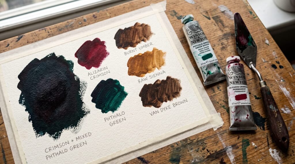 Alizarin crimson and phthalo green mixed into a chromatic black beside burnt umber, raw sienna and Van Dyke brown swatches