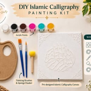 DIY Islamic calligraphy painting kit by Creative Flair by Sana with Bismillah canvas, acrylic paints, brushes, sponge dauber and palette