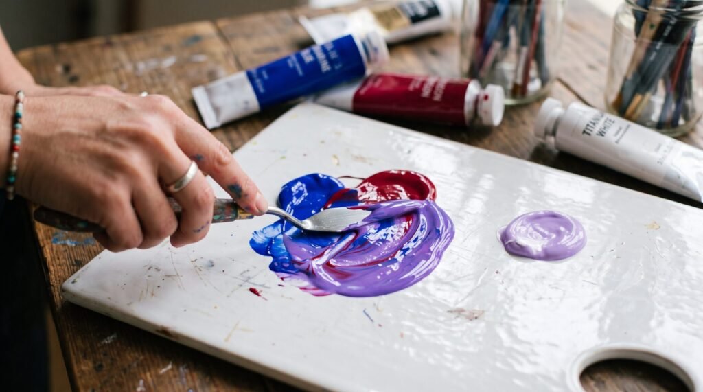 Abstract gold calligraphy-style brush strokes painted over a textured purple and violet canvas