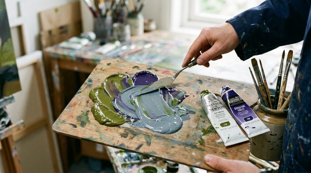 Sap green and dioxazine violet acrylic paint mixed with a palette knife into a soft slate grey on a wooden palette