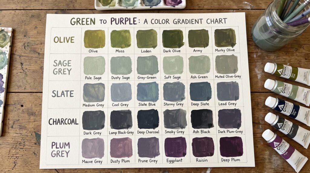 Green to purple colour chart showing olive, sage grey, slate, charcoal and plum grey shades mixed from green and purple paint