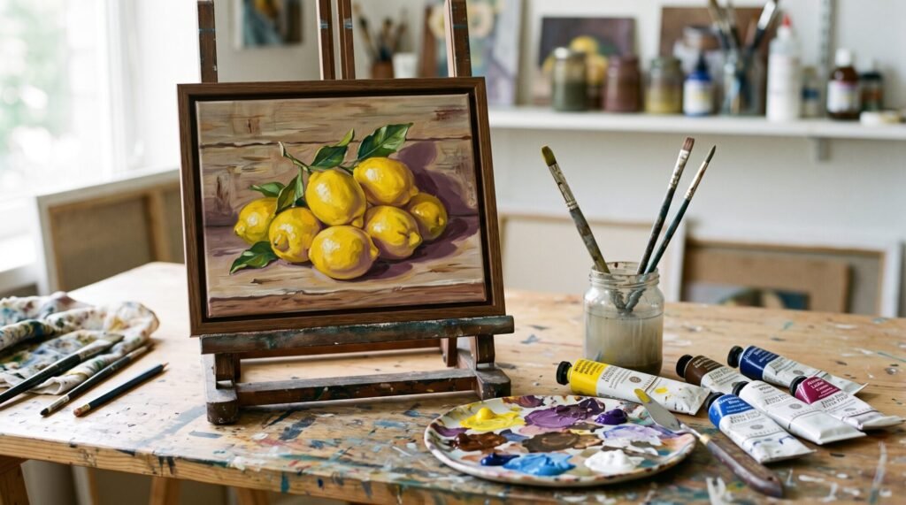 Acrylic still life of yellow lemons painted with soft purple shadows