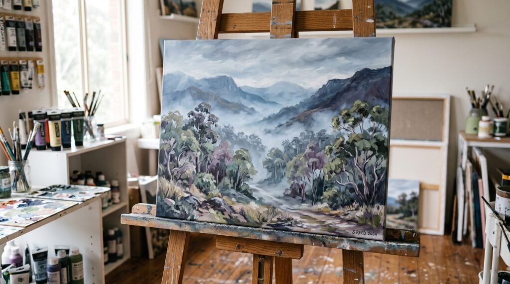 Acrylic landscape painting of misty blue-grey mountains and eucalyptus trees in muted green, purple and grey tones on an easel