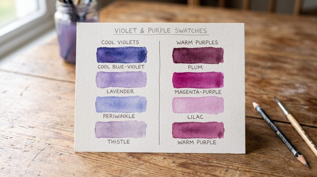 Palette knife mixing ultramarine blue and crimson into violet, with a lavender tint beside it