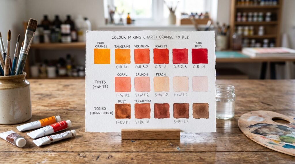 Orange to red colour mixing chart with tangerine, vermilion and scarlet, coral and peach tints, and rust and terracotta tones