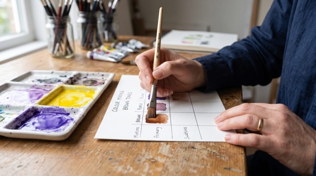 Hands painting brown swatches on a colour mixing chart with purple and yellow paint