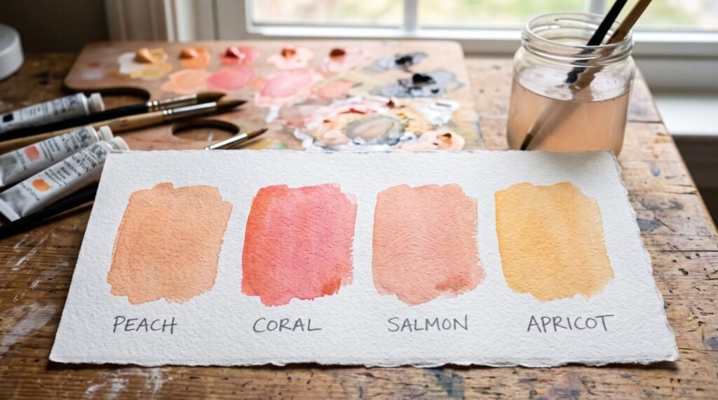 Four painted swatches labelled peach, coral, salmon and apricot on textured watercolour paper