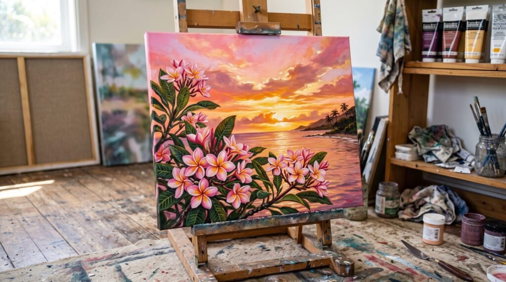 Acrylic painting of pink frangipani flowers against a glowing pink, peach and golden yellow sunset over the ocean, on an easel