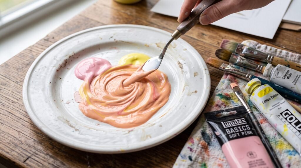 Soft pink and lemon yellow acrylic paint mixed with a palette knife into a creamy peach colour on a white palette