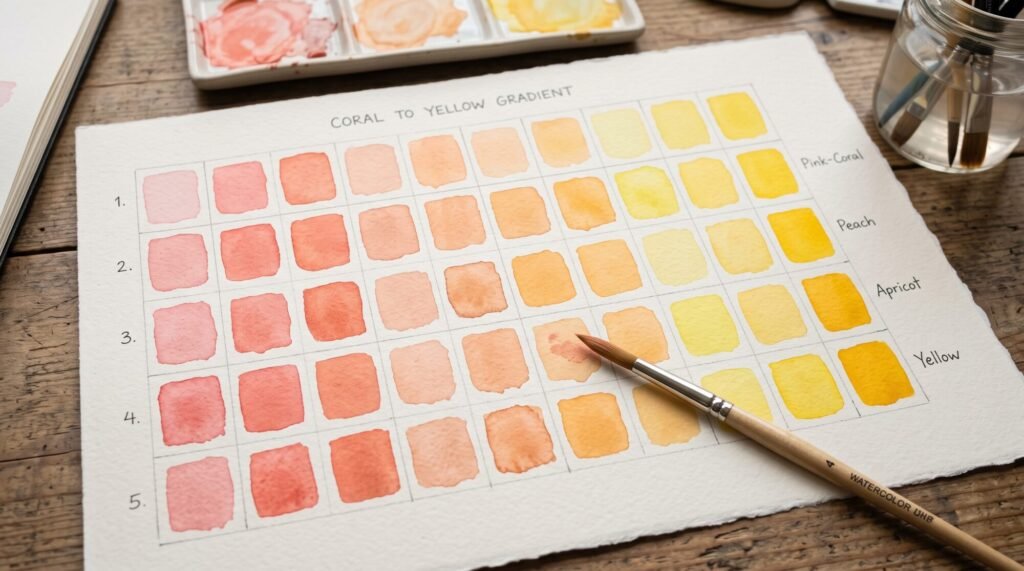 Watercolour mixing chart showing pink to yellow ratios from coral and peach through apricot to yellow