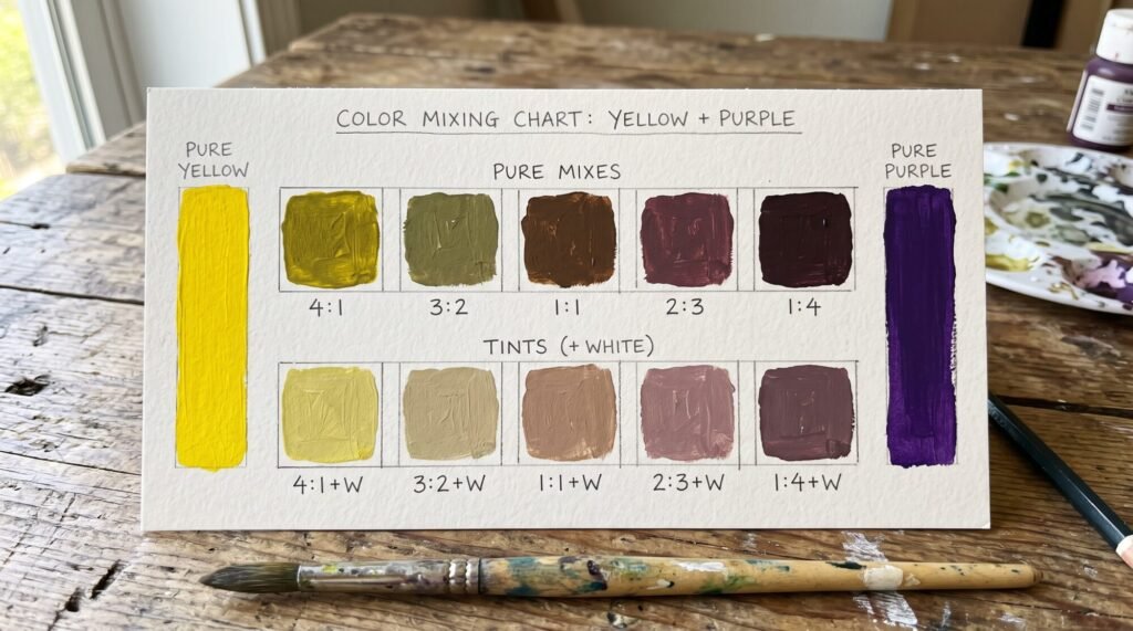 Purple and yellow colour mixing chart showing olive, khaki, brown and plum mixes with white tints
