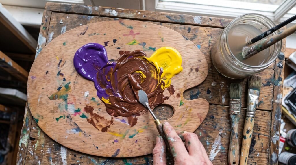 Purple and yellow acrylic paint mixed into brown on a wooden palette