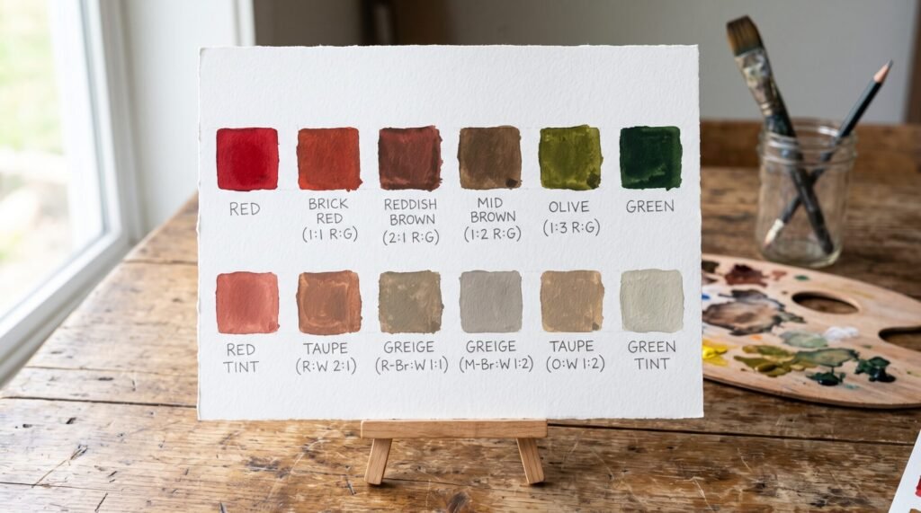 Red and green colour mixing chart showing brick red, reddish brown, mid brown and olive, with taupe and greige tints