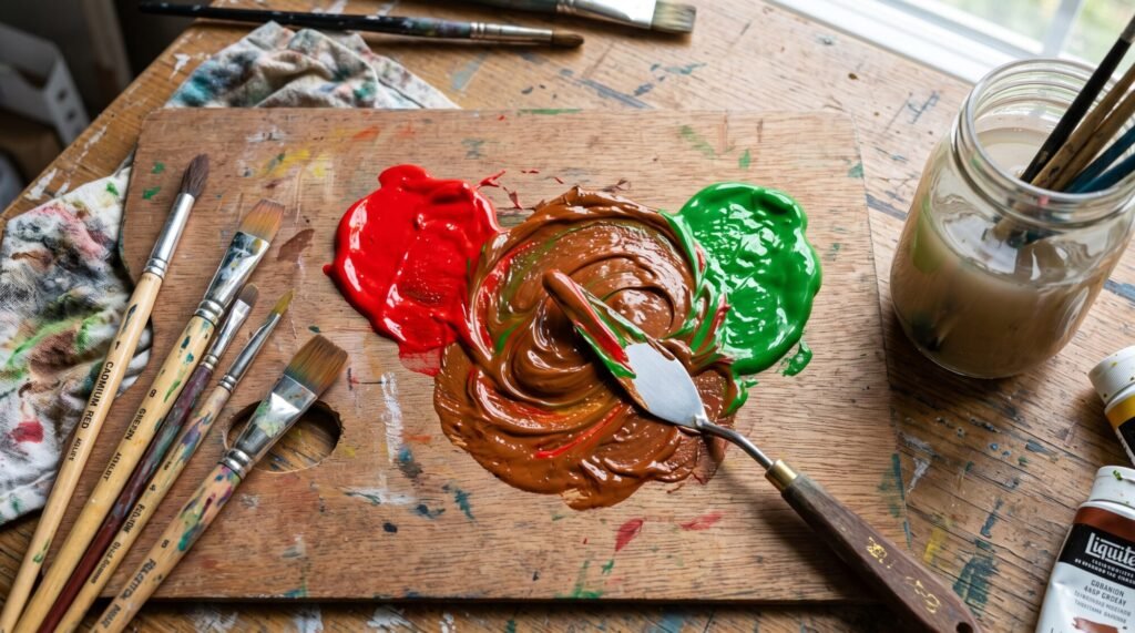 Red and green acrylic paint mixed into brown on a wooden palette