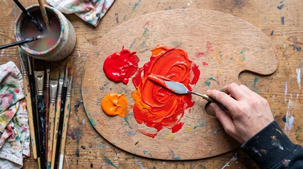 Red and orange acrylic paint mixed into a vivid red-orange on a wooden palette