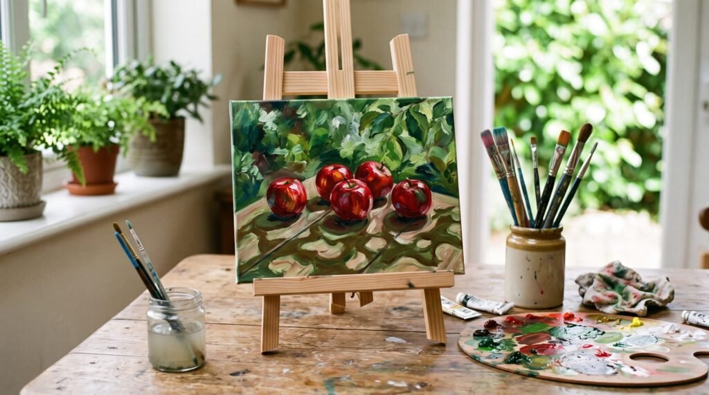 Acrylic painting of red apples with natural green-brown shadows on a table