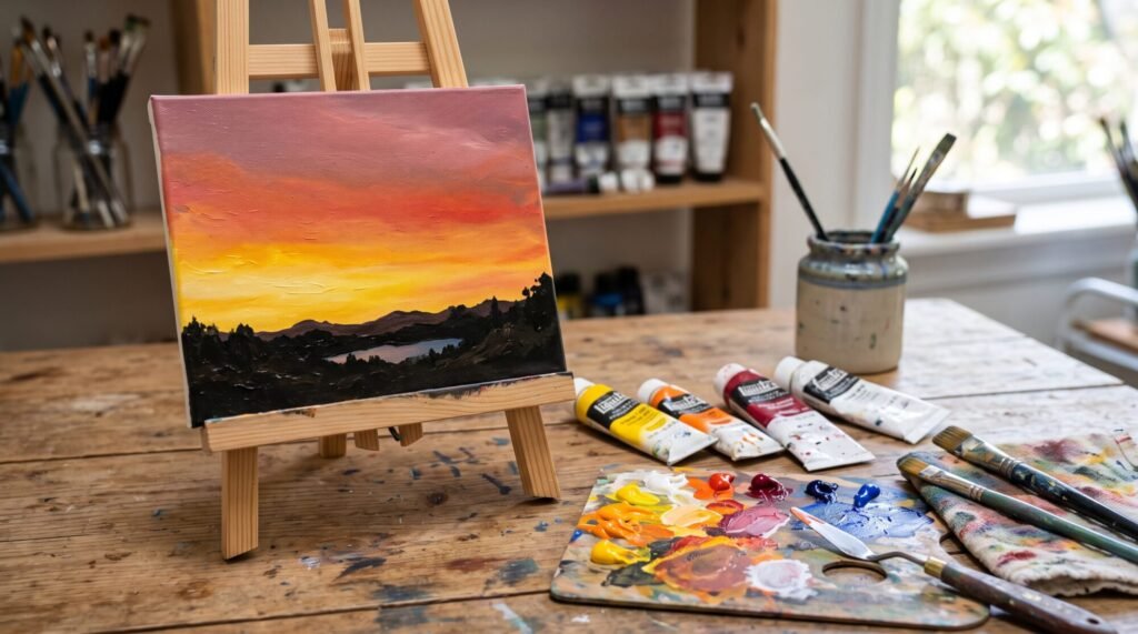 Acrylic sunset painting blending yellow, orange, red-orange and dusky pink over dark hills