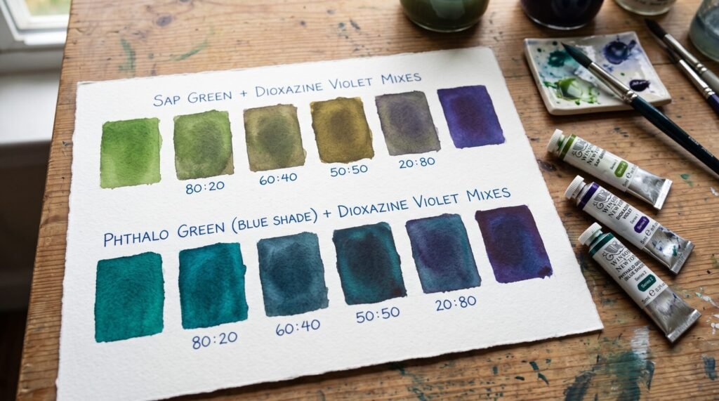 Watercolour swatch chart comparing sap green and phthalo green mixed with dioxazine violet at 80:20, 60:40, 50:50 and 20:80 ratios