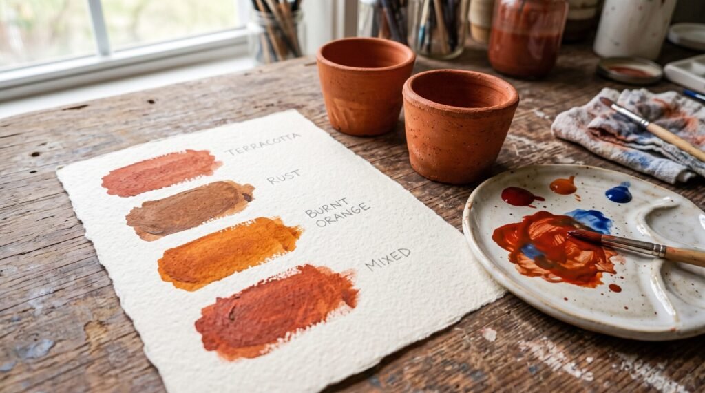 Terracotta, rust and burnt orange paint swatches beside clay pots and a palette