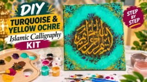 Finished Turquoise and Yellow Ochre Bismillah calligraphy painting with the kit paints, palette and brushes