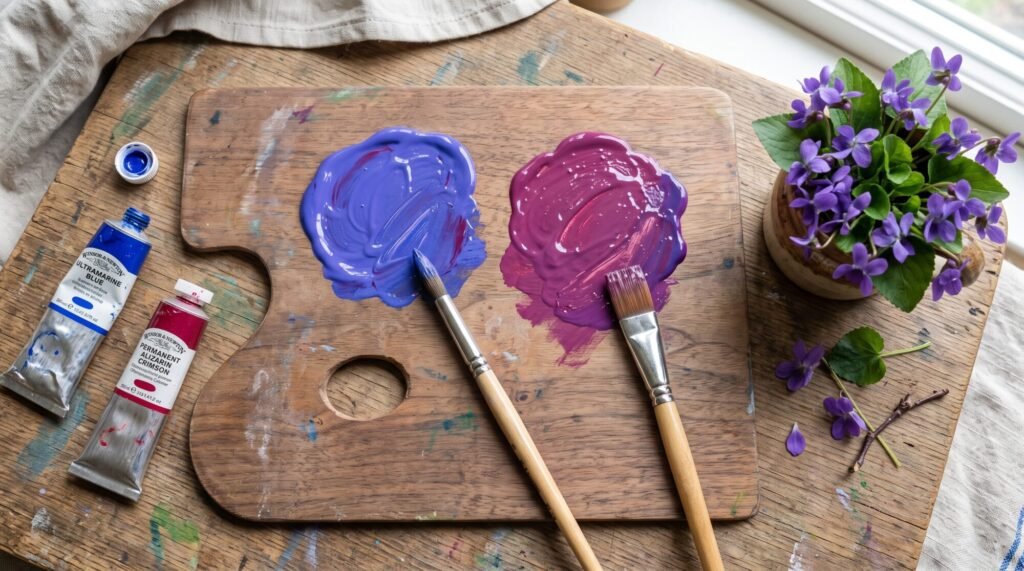 Swatch card comparing cool violets (blue-violet, lavender, periwinkle, thistle) with warm purples (plum, magenta-purple, lilac, warm purple)