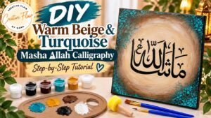 Finished Warm Beige and Turquoise MashaAllah calligraphy painting with the six kit paints, palette, sponge dauber and brushes
