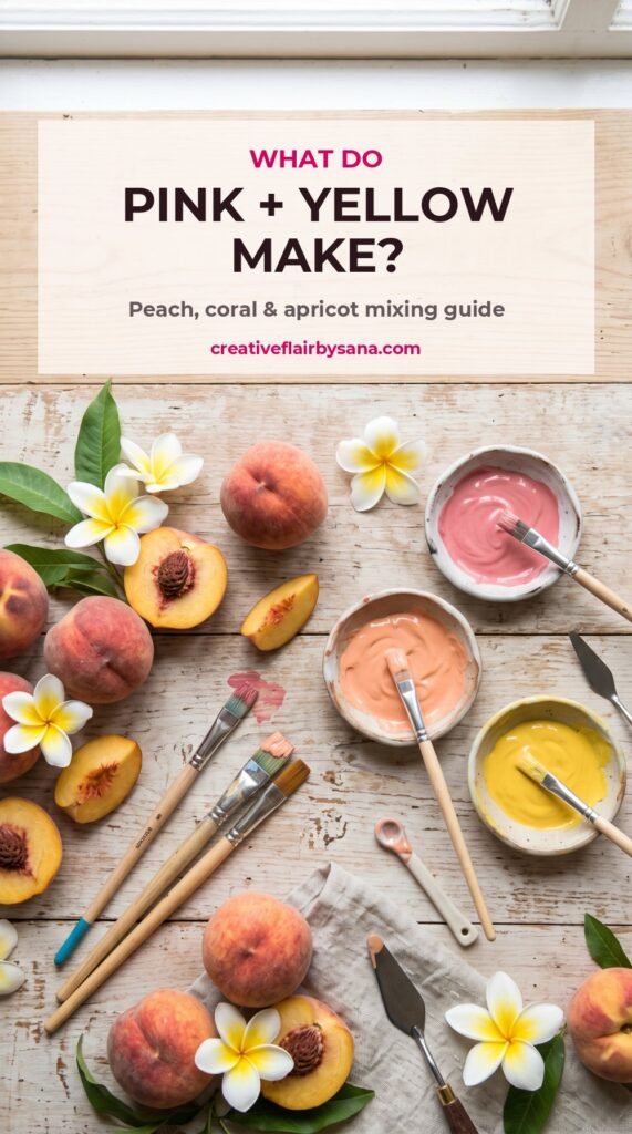 What do pink and yellow make: peach, coral and apricot mixing guide pin with fresh peaches, frangipani and bowls of pink, peach and yellow paint
