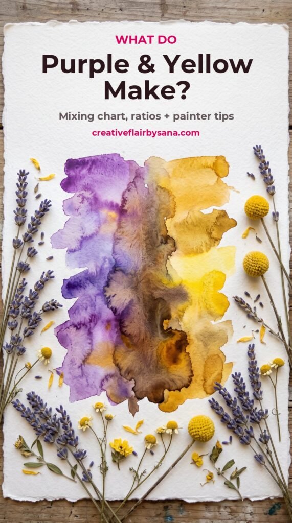 What do purple and yellow make? Watercolour swatches of purple and yellow blending into brown with dried lavender and yellow flowers