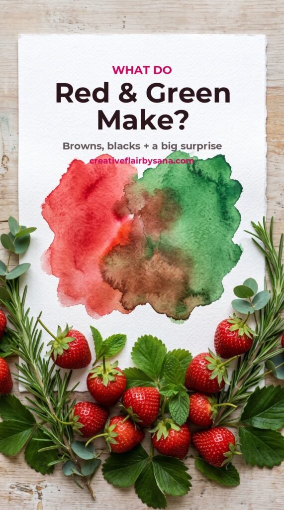 What do red and green make? Watercolour red and green blending into brown with strawberries, rosemary and eucalyptus