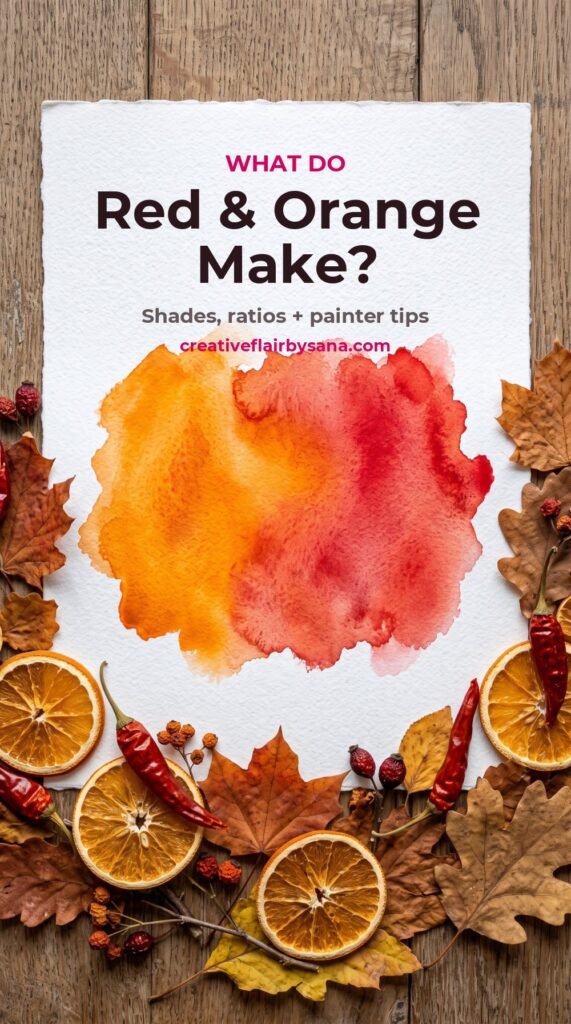 What do red and orange make? Watercolour swatches of orange and red blending into red-orange with dried orange slices, chillies and autumn leaves